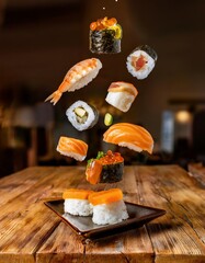Sushi food on the table, delicious asian cooking, fusion sashimi