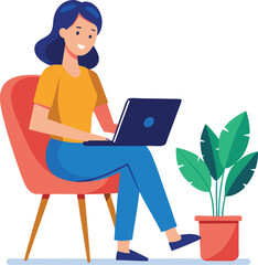 a girl is using his laptop vector
