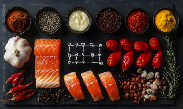 Astaxanthin Food Array, An elegant flat lay of various astaxanthin-rich foods like shrimp, salmon, and red peppers