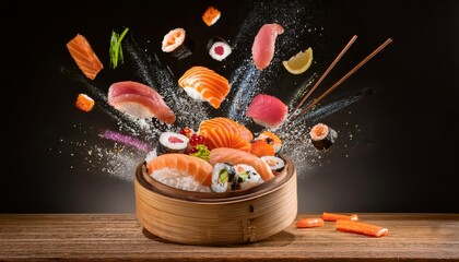 Sushi food on the table, delicious asian cooking, fusion sashimi