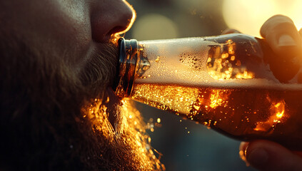 Man enjoys a refreshing drink during golden sunset near the beach