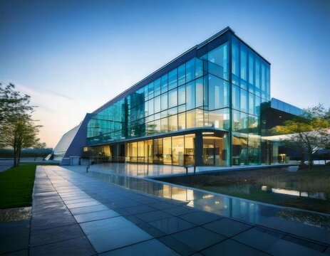 captivating image of a modern office building with a sleek glass facade that epitomizes contemporary architecture.