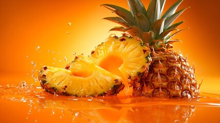 A freshly cut pineapple with juices dripping, isolated on a vibrant orange background