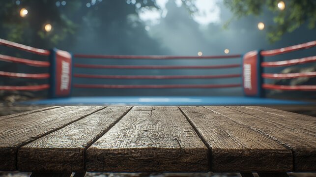 Rustic Wooden Table Boxing Ring Background Sports Fitness Competition