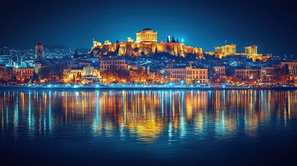 Obraz premium Athens Acropolis Night View Illuminated Ancient Greek Ruins Cityscape Reflection