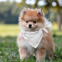 Pomeranian puppy wearing white bandana mockup 