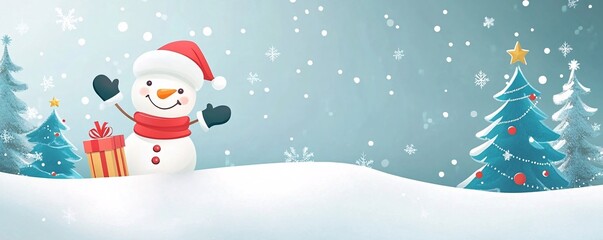 Snowman waving near christmas tree and gift in snowy landscape