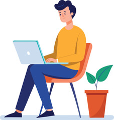 a boy is using his laptop vector