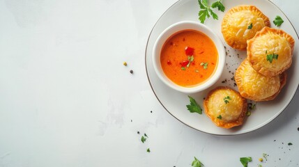 白いテーブルにスパイシーなディップソースを添えた春の前菜