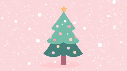 Christmas tree with pastel ornaments standing on pink snowy background