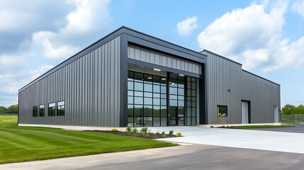 Fototapeta premium Sleek steel exterior of a modern warehouse office building, showcasing a minimalist, industrial design with sharp, clean lines, reflecting a contemporary aesthetic