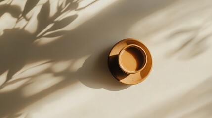 柔らかな光の中で輝く影のあるコーヒーカップのシンプルな空中写真