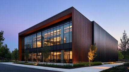 Obraz premium Sleek steel exterior of a modern warehouse office building, showcasing a minimalist, industrial design with sharp, clean lines, reflecting a contemporary aesthetic