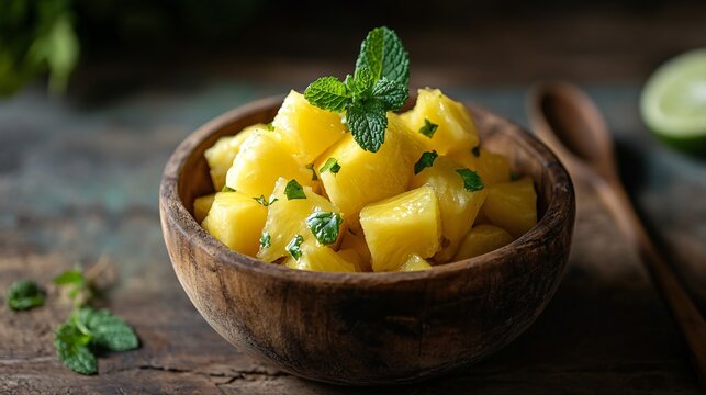 Pineapple chunks served in a rustic wooden bowl, styled with mint leaves and a splash of lime
