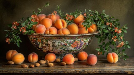 A vibrant bowl filled with fresh peaches decorated with green leaves and flowers, highlighting the beauty of natural produce.