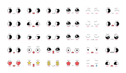 Cartoon faces. Expressive eyes and mouth, smiling, crying and surprised character face expressions. Caricature comic emotions or emoticon doodle.