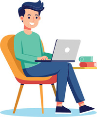 a boy is using his laptop vector