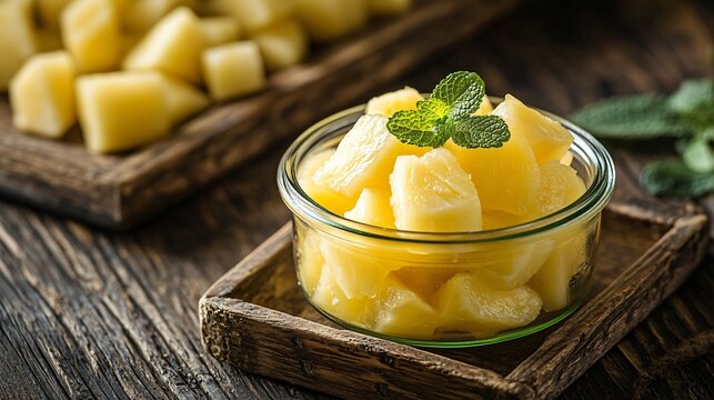 Pineapple cubes served in a glass jar, styled with a sprig of mint on a rustic tray