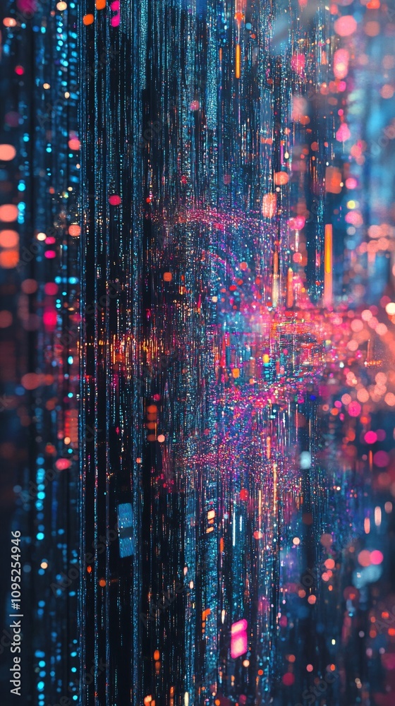 Poster Colorful particles flowing down creating a futuristic data stream visualization