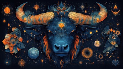 Obraz premium illustration of a colorful bull portrait with majestic horns