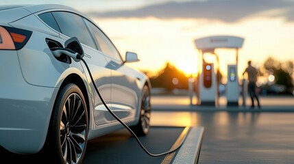 Modern electric car charging at a travel stop, fuel pumps nearby, travelers stretching by their vehicles, road map in hand