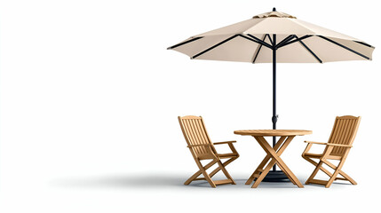 A minimalist outdoor seating area featuring a round table and two wooden chairs under a large umbrella, ideal for relaxation.