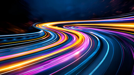 A vibrant, abstract image featuring colorful light trails curving through a dark background, evoking a sense of motion and energy.
