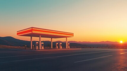 Obraz premium Roadside gas station at sunset, a mix of fuel and EV charging stations, family stretching by their car, scenic highway in the background