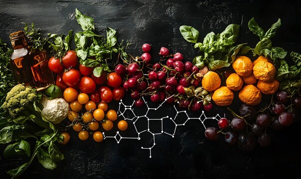 A vibrant arrangement of astaxanthin-rich foods with the structural chemical formula overlaid transparently in the background