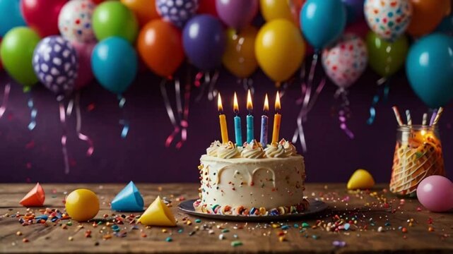 A birthday cake with lit candles sits on a table with scattered colorful decorations, balloons float behind against a purple background.