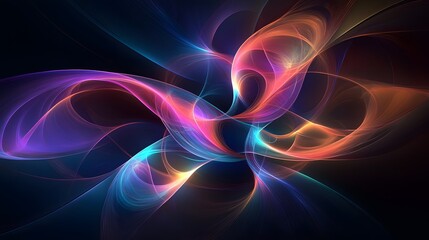 Fototapeta premium Iridescent fractal patterns on a black background, with swirling shapes and lines in shades of green, purple, blue, pink, yellow, and orange