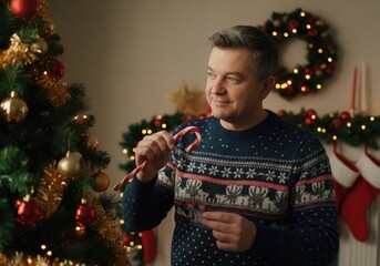 Man decorating christmas tree holding candy cane looking away