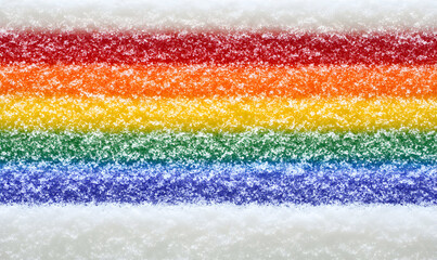 A vibrant rainbow pattern dusted with snow, creating a unique wintery texture. Perfect for festive designs and LGBTQ+ themed projects.