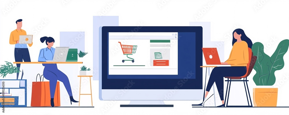 Aufkleber Office workers developing e-commerce website with shopping cart icon