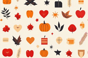 Fall themed geometric pattern with leaves, hearts, and harvest symbols