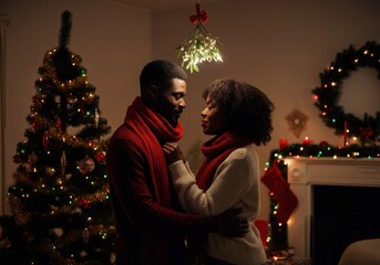 Couple embracing under mistletoe during christmas eve, kissing and enjoying christmas time together