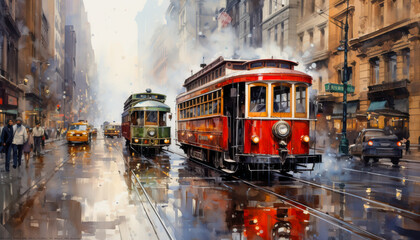 Watercolor of a Old fashioned tram in New York city 1950