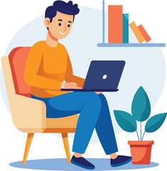 a boy is using his laptop vector