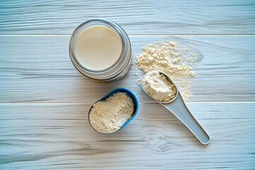 Overhead shot of protein powder, a scoop, and a jar of liquid on a rustic white wooden table.  Perfect for health, fitness, or nutrition-related content.