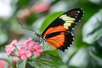 Fototapeta premium Butterfly pollinating pink flowers nature garden wildlife photography vibrant environment close-up view beauty of nature