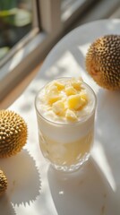柔らかな日光の下でフルーツチャンクが入った爽やかなトロピカルドリンク