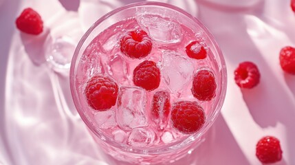 爽やかな夏のラズベリードリンクと氷、柔らかな光の空中写真
