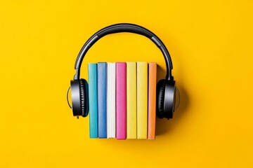 Audiobooks Colorful Books and Black Headphones on Yellow, audiobook, online learning