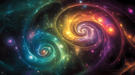 Obraz premium Iridescent fractal patterns on a black background, with swirling shapes and lines in shades of green, purple, blue, pink, yellow, and orange