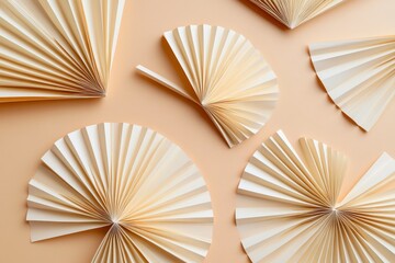 Beige Paper Fans Abstract Composition Minimalist Design, Pastel Colors, Geometric Shapes, Flatlay Photography Minimalist, Abstract art