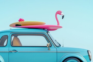Colorful Car with Surfboards and Flamingo Decoration