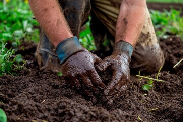 Hands delve into rich soil as a gardener cultivates new beginnings in spring. Generative AI