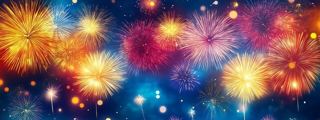 Fototapeta premium Vibrant Fireworks Display Against Dark Blue Sky 