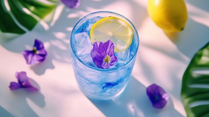 明るい光の下でレモンと花のアクセントが効いた爽やかな春の飲み物