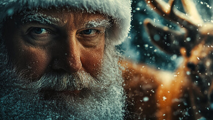 Portrait of a bearded man wearing a Santa hat covered in snow with a reindeer behind in a winter landscape. Christmas, Happy New Year